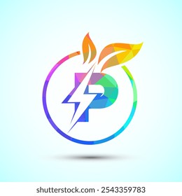 English alphabet P with thunderbolt and leaf. Eco energy saver icon, Nature power electric logo