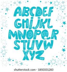 English alphabet. Paisley ornament letters. Square frame. Stars, snowflakes and dots. Isolated vector objects on white background.