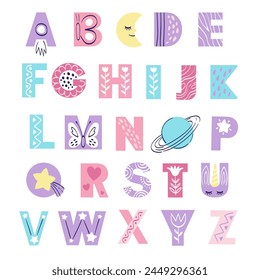 Englisches Alphabet der Pastellfarben für Kinder. Doodle Schriftart für Kinderposter, Karten, T-Shirts. handgezeichnete Vektorillustration