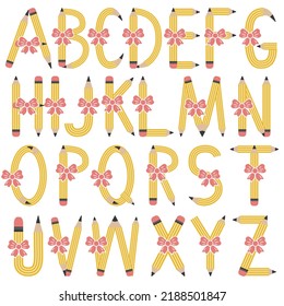 English alphabet of pencils decorated with ribbon, letters, color isolated vector illustration