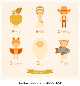 English alphabet with people in amusing costumes. A, B, C, D, E, F letters.