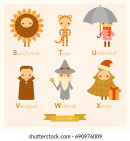 English alphabet with people in amusing costumes. S, T, U, V, W, X letters