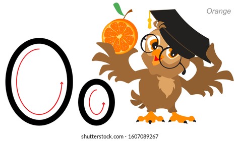 English alphabet picture letter for children. English language abc. Owl teacher holds an orange. Isolated on white vector cartoon illustration