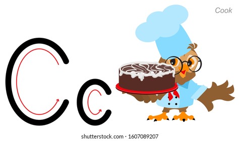 English alphabet picture letter for kids. English language abc. Owl cook hold cake. Isolated on white vector cartoon illustration