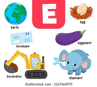 English alphabet in pictures — Children's colored letter E — vector illustration