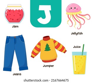 English alphabet in pictures — Children's colored letter J — vector illustration