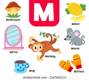 English alphabet in pictures — Children's colored letter M — vector illustration