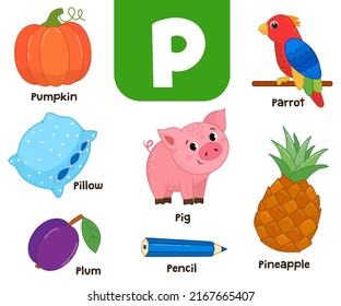 English alphabet in pictures — Children's colored letter P — vector illustration