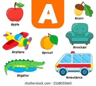 English alphabet in pictures — Children's colored letter A — vector illustration