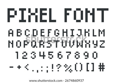 English alphabet pixel art. Bitmap 8 bit uppercase letters, numbers and punctuation marks. Vector pixel font. Pixelated typographic symbols. Retro video game black typeface