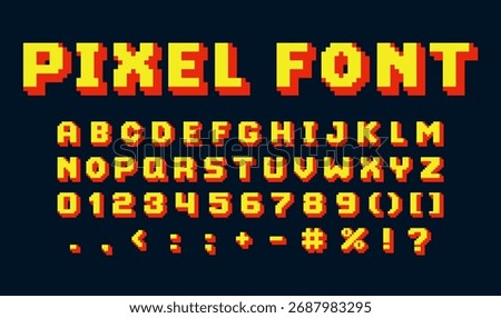 English alphabet pixel art. Bitmap 8 bit uppercase letters, numbers and punctuation marks. Vector pixel font. Pixelated typographic symbols. Retro video game typeface yellow and red colors on black