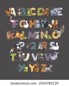 English alphabet poster, colorful letters with animals and birds on dark background