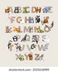 English alphabet poster, soft pastel letters with animals and birds on beige background