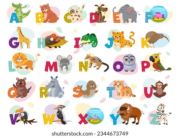 English alphabet, preschool education, various animals. Alligator, bear, cat, dog, elephant, fish, giraffe, hedgehog. Cartoon, studying, learning. Colourful. Vector illustration.