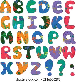 English alphabet and punctuation marks in colored blots and spots