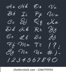 English alphabet. Punctuation marks. Numbers. Imitation pencil, chalk. Vector.