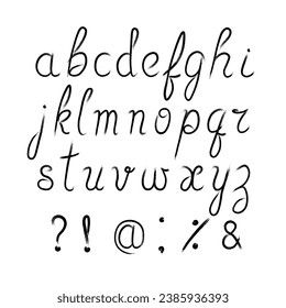 English alphabet with punctuation marks written by hand with ink brush