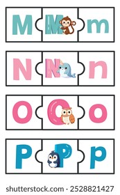 english alphabet puzzle  with cute animals uppercase and lower case letter match Printable worksheet  m,n,o,p letters	