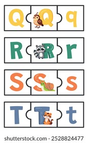 english alphabet puzzle with cute animals uppercase and lower case letter match Printable worksheet q,r,s,t letters