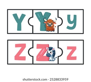 english alphabet puzzle with cute animals uppercase and lower case letter match Printable worksheet y,z letters