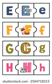 english alphabet puzzle uppercase and lower case letter match e-h letters	