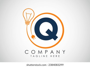 English alphabet Q in a circle with electric bulb and plug. Electricity, industrial and technology logo