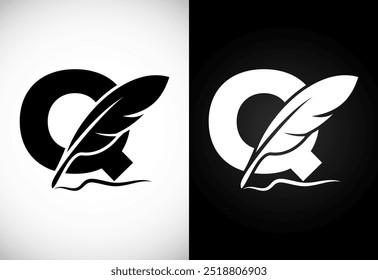 English alphabet Q with feather logo design template. Logo for a writer or publishers.