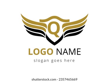 English alphabet Q with wings logo design. Transportation Logo Letter and Wings Concept