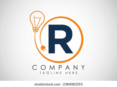 English alphabet R in a circle with electric bulb and plug. Electricity, industrial and technology logo