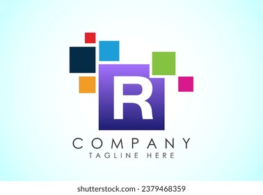 English alphabet R with data pixel. Creative technological modern data pixel logo