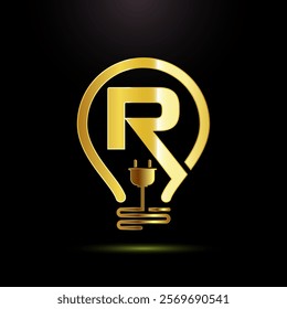 English alphabet R with an electric bulb and plug. Electricity logo design template gold color style