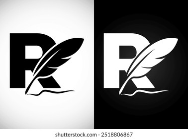 English alphabet R with feather logo design template. Logo for a writer or publishers.