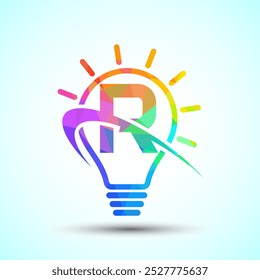 English alphabet R with light bulb and swoosh. Electric bulb logo template. Low poly electricity logo