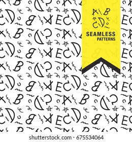 English alphabet Retro memphis pattern- seamless background. Fashion 80-90s. Black and white mosaic texture. It can be used in printing packaging, website backdrop and fabric design.