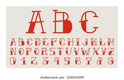 English alphabet retro style. Old school tattoo trendy style ABC. Vector illustration. 