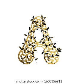 English alphabet with a round golden letter A and twigs. Vector illustration. Vintage style for the design of wedding products, invitations, greetings, print, postcards, logo, icons.