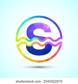 English alphabet S in a circle with water waves. Water wave logo design low poly style