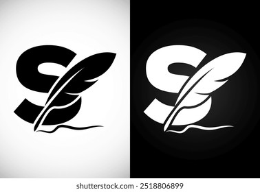 English alphabet S with feather logo design template. Logo for a writer or publishers.