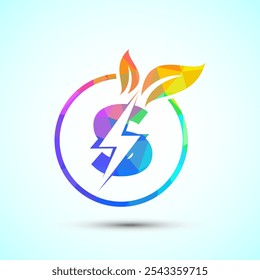 English alphabet S with thunderbolt and leaf. Eco energy saver icon, Nature power electric logo