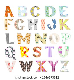 The English alphabet in the Scandinavian style. Set of capital letters with geometric and floral patterns. Vector illustration of stylish letter signs on a white background. 