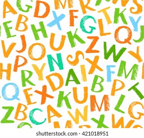 English alphabet seamless pattern, color, white. Vector seamless white background with colored English letters. The imitation of the texture of crayons and pencils. Flat style. For the decoration. 