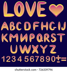 English alphabet, A set of figures from zero to nine, made in the executed in the style of sewing, imitation of patches and seams.