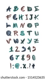 English alphabet. The set of letters, numbers and signs is manually drawn with a felt-tip pen. Vector color isolated illustration on white.