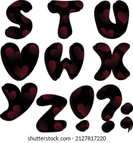 English alphabet. A set of letters S, T, U, V, W, X, Y, Z and punctuation marks with a pattern of hearts