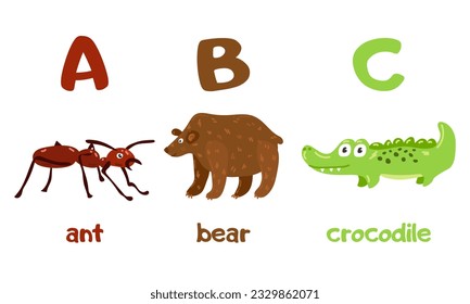 English alphabet with a set of vector illustrations of cute animals. A group of isolated uppercase letters with animals. Children's font for children ABC book symbols pack. Ant, bear, crocodile
