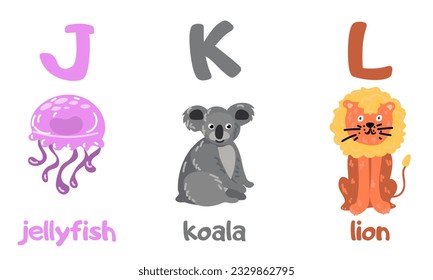 English alphabet with a set of vector illustrations of cute animals. A group of isolated uppercase letters with animals. Children's font for children ABC book symbols pack. Jellyfish, koala, lion