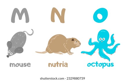 English alphabet with a set of vector illustrations of cute animals. A group of isolated uppercase letters with animals. Children's font for children ABC book symbols pack. Mouse, nutria, octopus