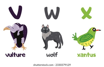 English alphabet with a set of vector illustrations of cute animals. A group of isolated uppercase letters with animals. Children's font for children ABC book symbols pack. Vulture, wolf, xantus