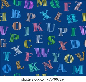 English alphabet. Shading with colored pencils on a blue field. Simulation. Vector decorative background.   