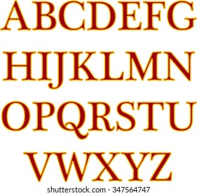 English alphabet, signs and symbols, yellow and red vector